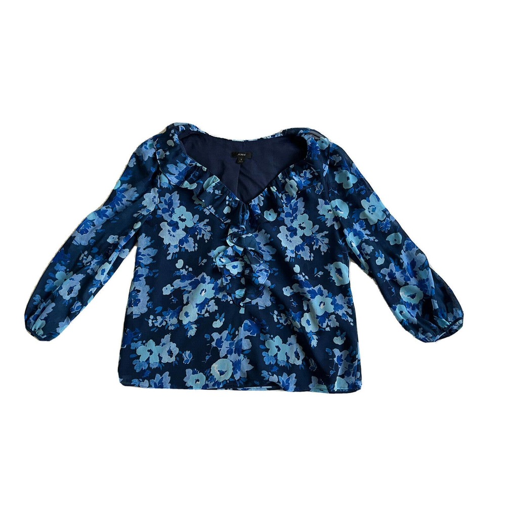 J Crew Floral Long Sleeve Blouse Size S Ruffles Boho Blue Romantic Babydoll